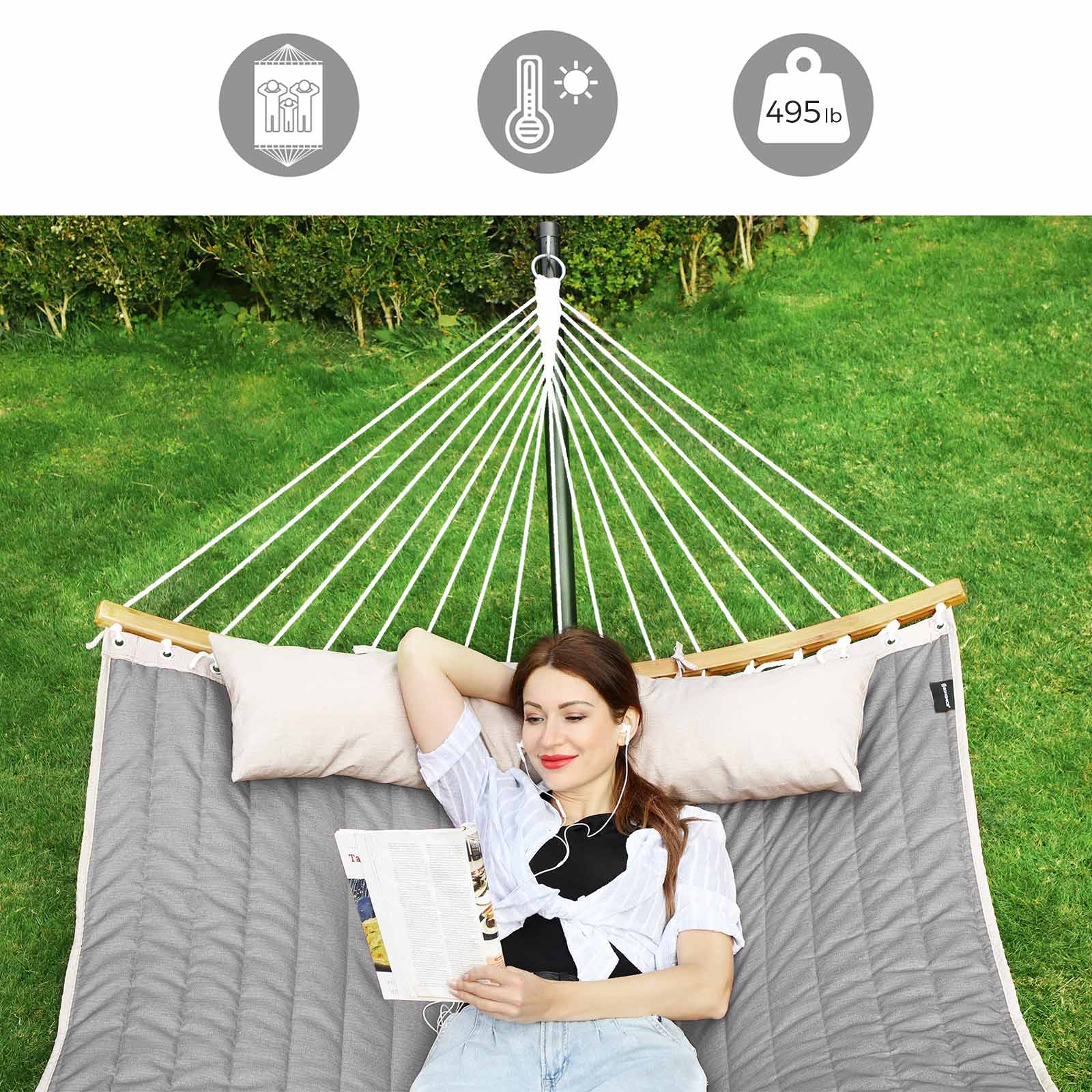 Double Hammock - Oxford Fabric - Gray - Padded with Detachable Bamboo Spreader Bars and Pillow