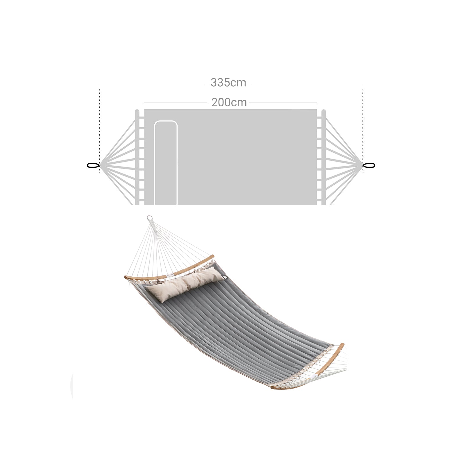 Double Hammock - Oxford Fabric - Gray - Padded with Detachable Bamboo Spreader Bars and Pillow