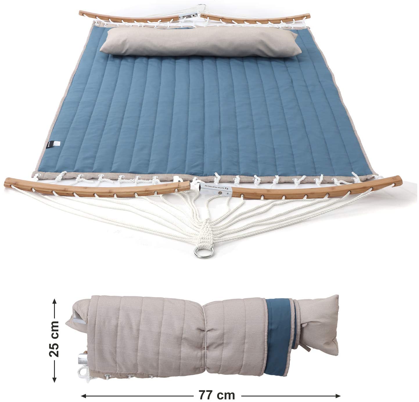Double Hammock - Oxford Fabric - Blue - Quilted with Pillow and Bamboo Spreader Bars