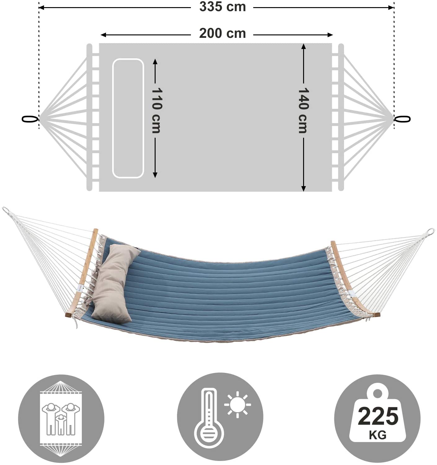 Double Hammock - Oxford Fabric - Blue - Quilted with Pillow and Bamboo Spreader Bars