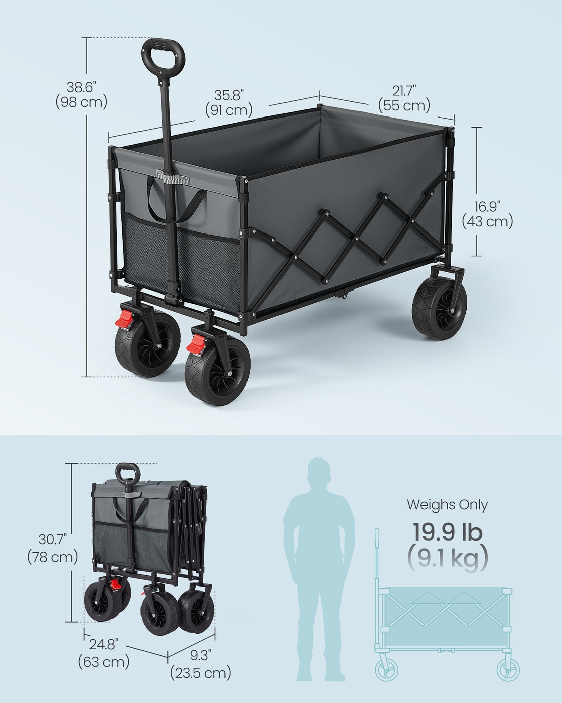 Foldable Camping Cart - Steel - Dove Grey - with Adjustable Handle