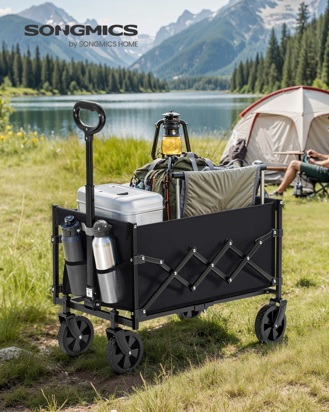 Folding Garden Cart - Steel - Slate Grey - 4 Reinforced Wheels and Adjustable Handle