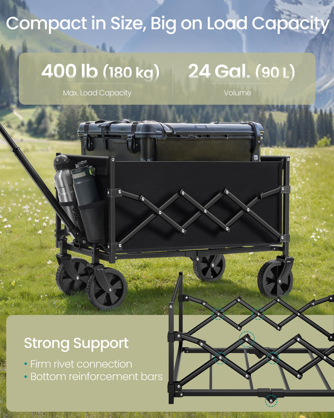 Folding Garden Cart - Steel - Slate Grey - 4 Reinforced Wheels and Adjustable Handle