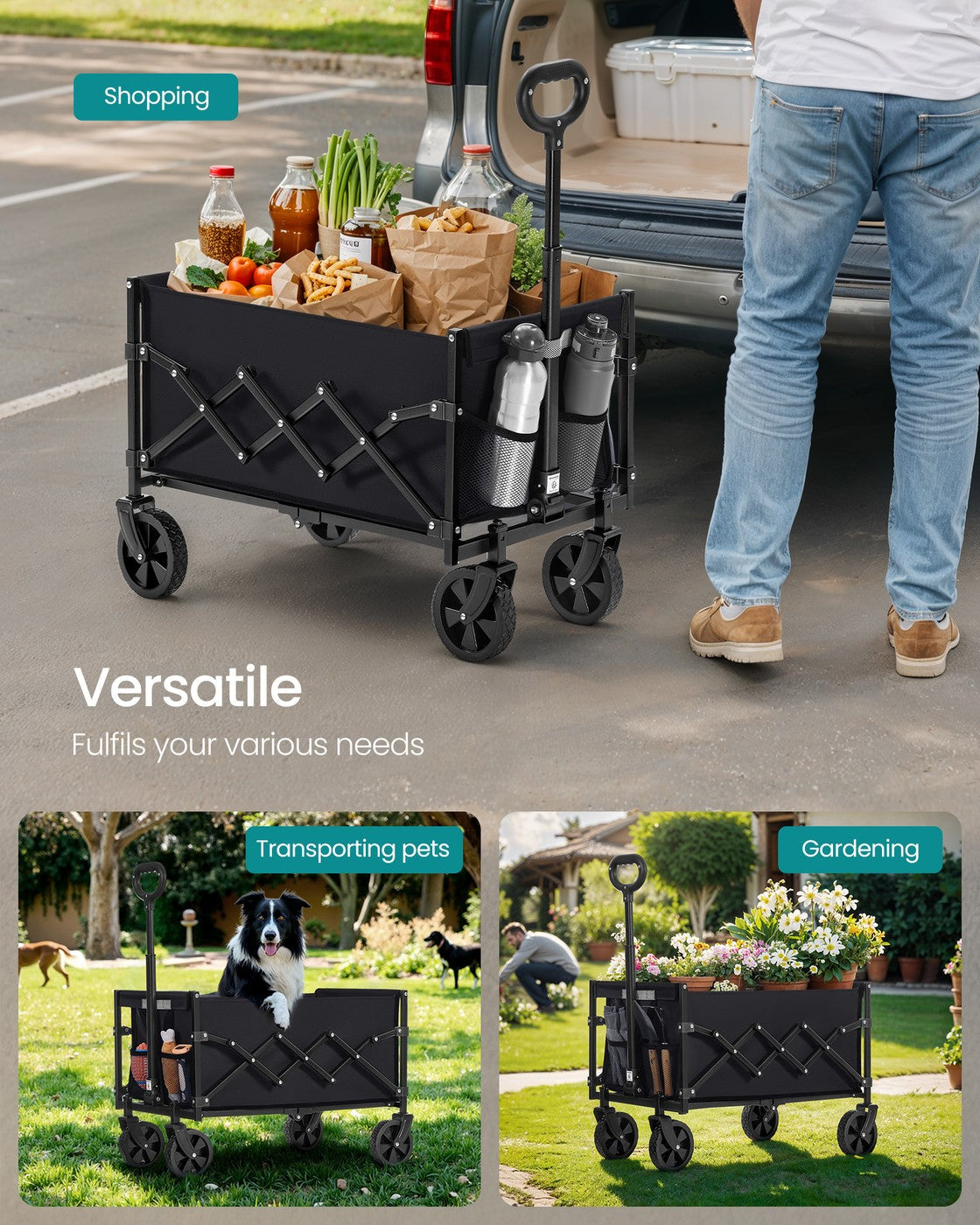 Folding Garden Cart - Steel - Slate Grey - 4 Reinforced Wheels and Adjustable Handle