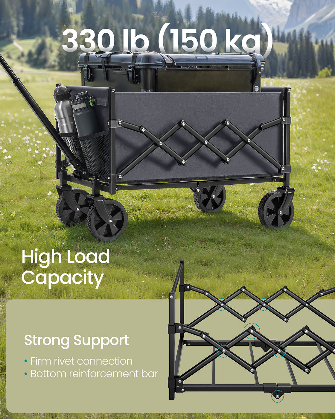 Foldable Camping Trolley - Steel - Slate Grey - 4 Reinforced Wheels