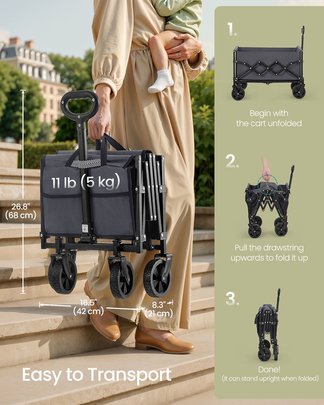 Foldable Camping Trolley - Steel - Slate Grey - 4 Reinforced Wheels
