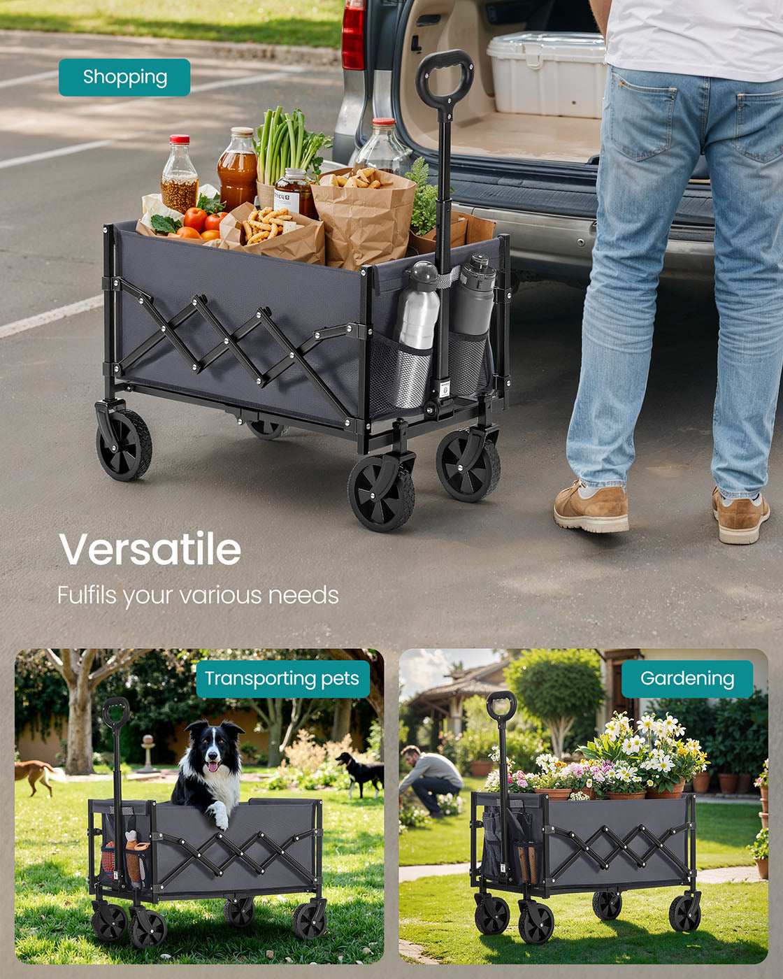 Foldable Camping Trolley - Steel - Slate Grey - 4 Reinforced Wheels