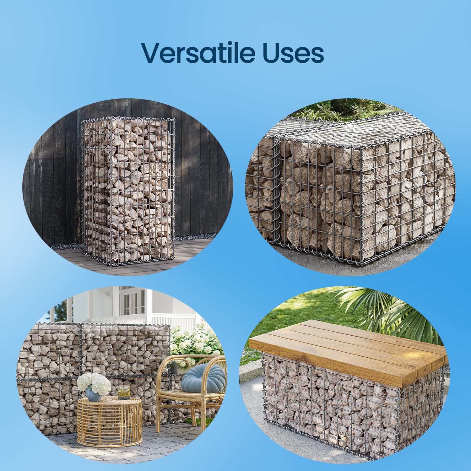 Metal Gabion Cage Basket - Set of 4 - 5 x 10 cm Mesh for Garden Fence Wall Partition - Silver