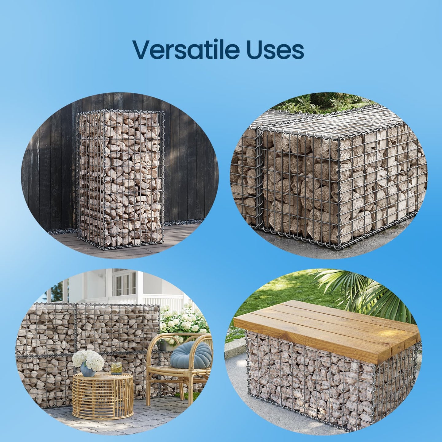 Metal Gabion Cage Basket - Set of 4 - 5 x 10 cm Mesh for Garden Fence Wall Partition - Silver