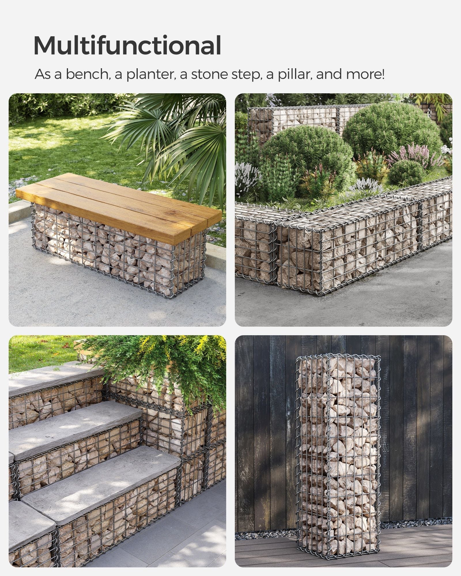 Gabion Cage - Galvanized Metal - Silver - 100 x 30 x 30 cm with 10 x 5 cm Mesh