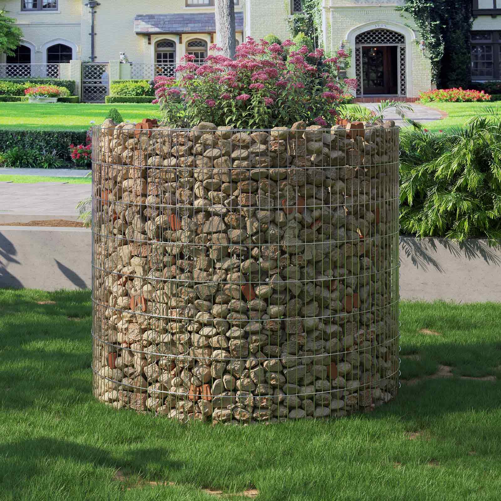 Tall Round Gabion Planter - Galvanised Steel - Silver - Rust-Resistant Decorative Garden Feature