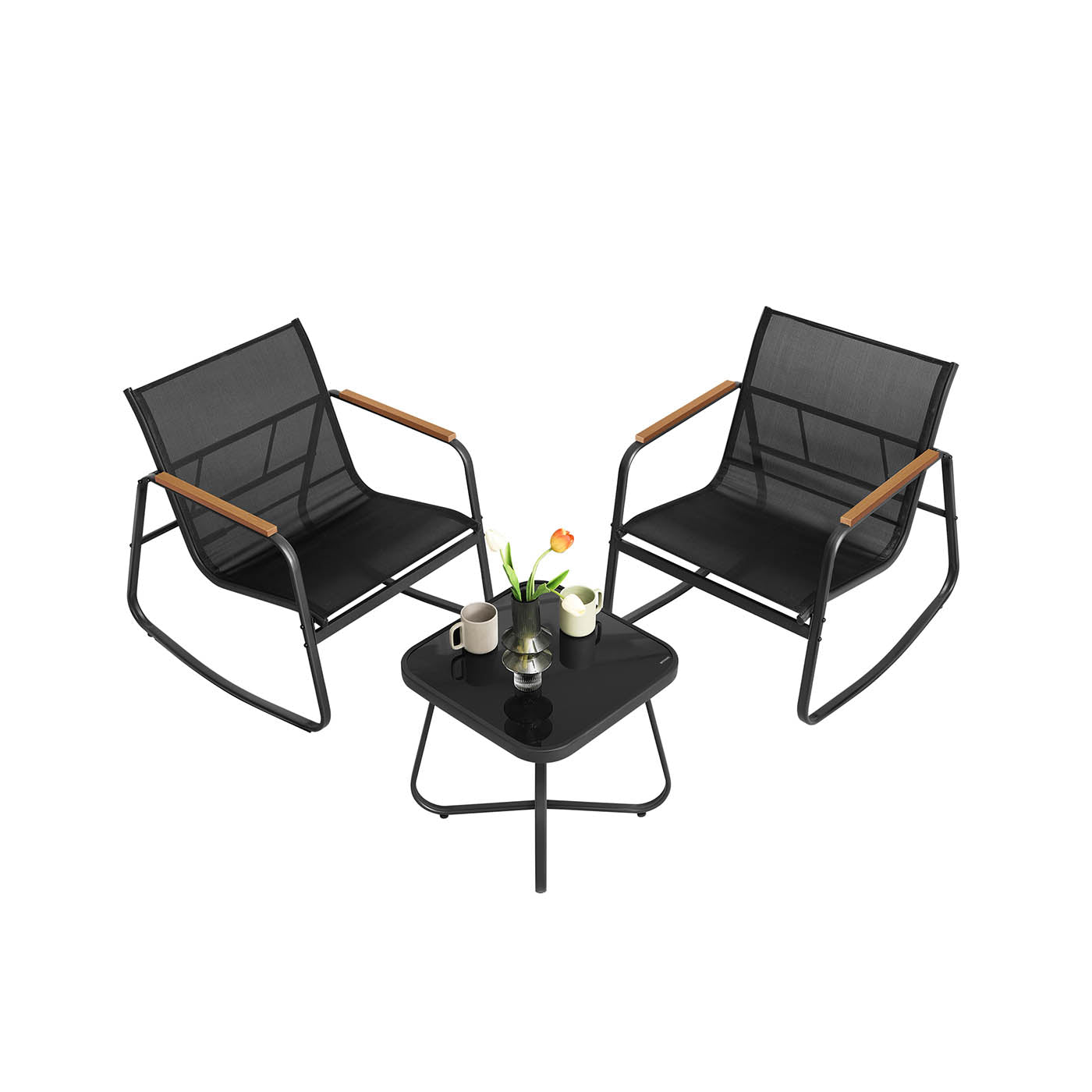 Patio Furniture Set - Steel - Ink Black - Includes 2 Rocking Chairs and Table with Armrests and Breathable Synthetic Fabric