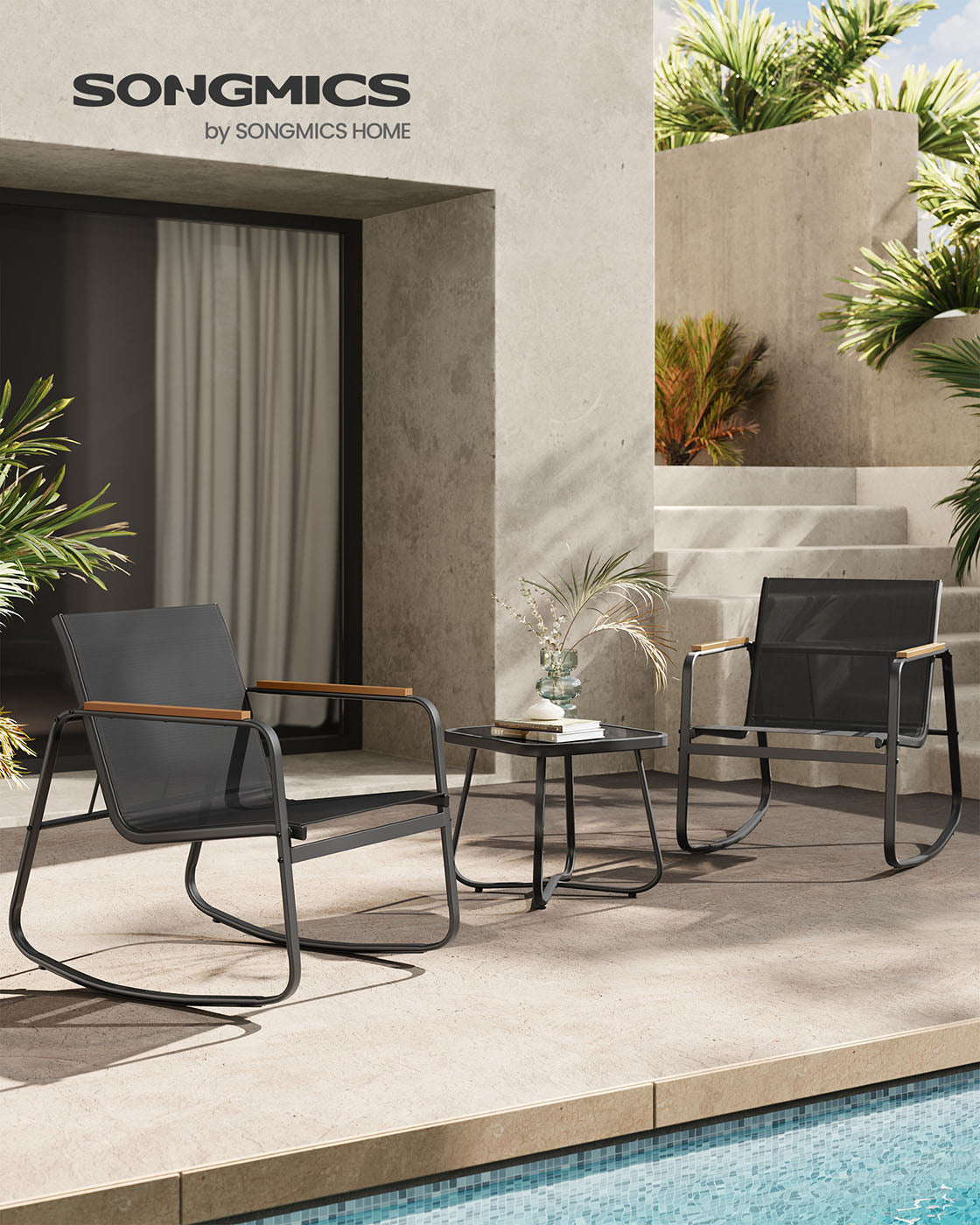 Patio Furniture Set - Steel - Ink Black - Includes 2 Rocking Chairs and Table with Armrests and Breathable Synthetic Fabric