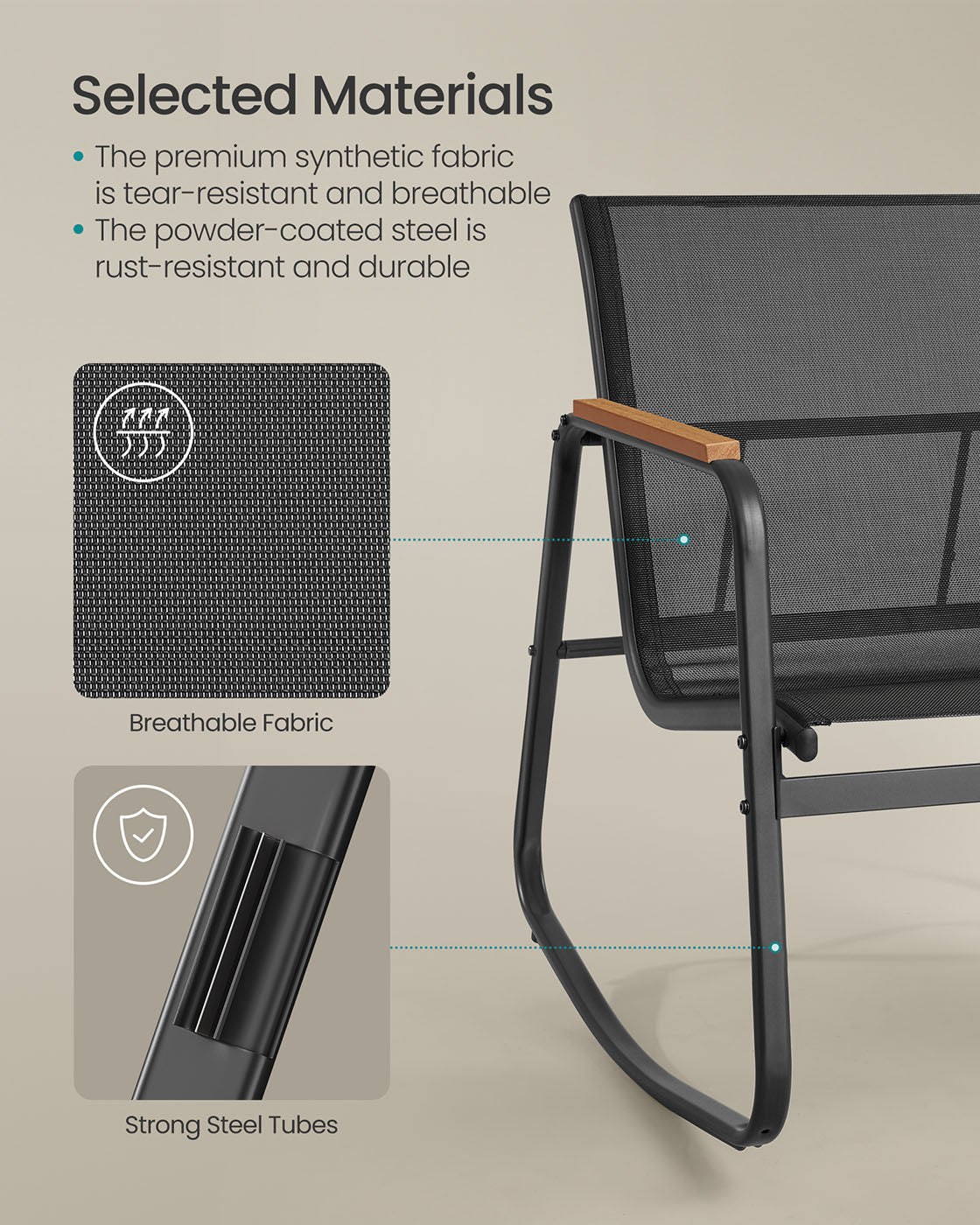 Patio Furniture Set - Steel - Ink Black - Includes 2 Rocking Chairs and Table with Armrests and Breathable Synthetic Fabric