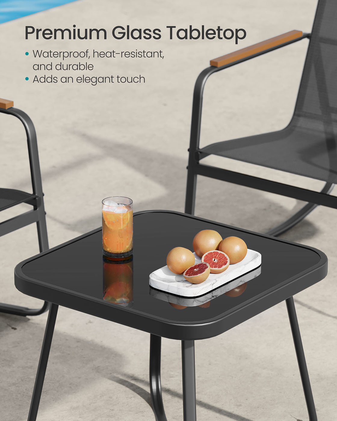 Patio Furniture Set - Steel - Ink Black - Includes 2 Rocking Chairs and Table with Armrests and Breathable Synthetic Fabric
