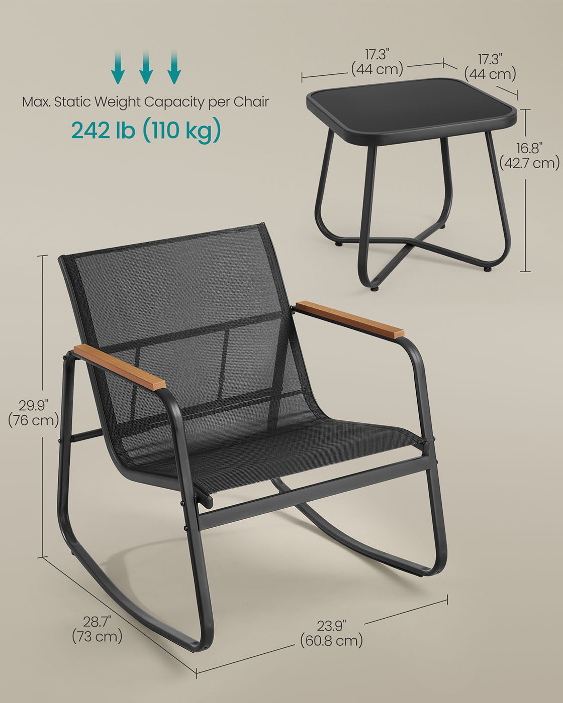 Patio Furniture Set - Steel - Ink Black - Includes 2 Rocking Chairs and Table with Armrests and Breathable Synthetic Fabric
