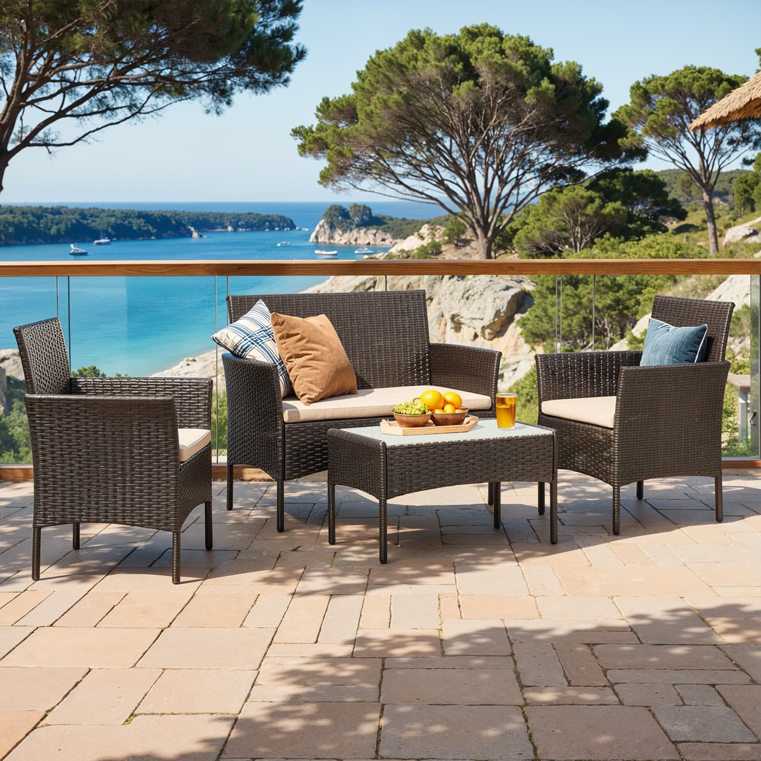 Polyrattan Garden Conversation Set - Brown and Taupe - Stylish Outdoor Furniture for Patio and Terrace