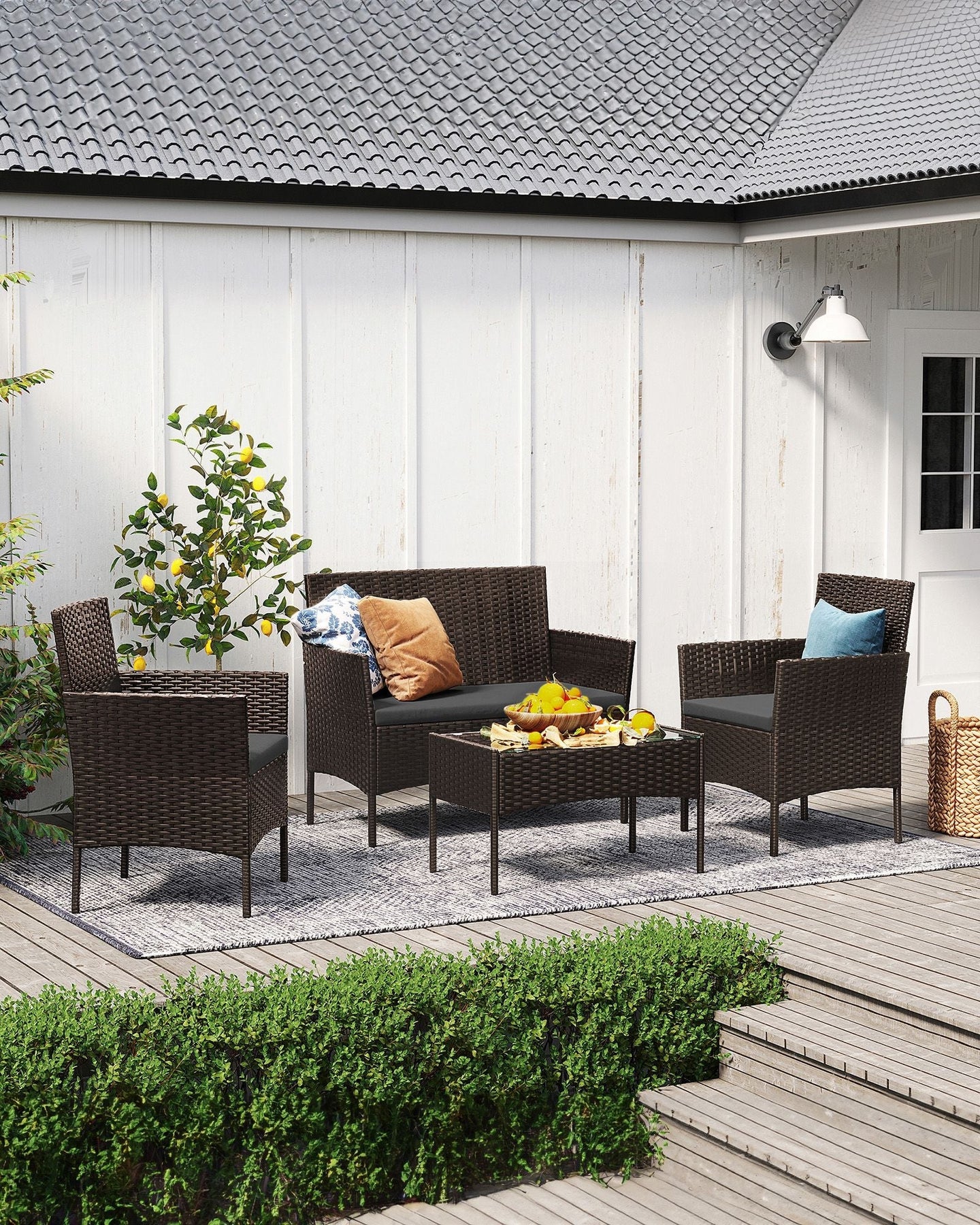 Outdoor Patio Furniture Set - Black and Beige - Polyrattan