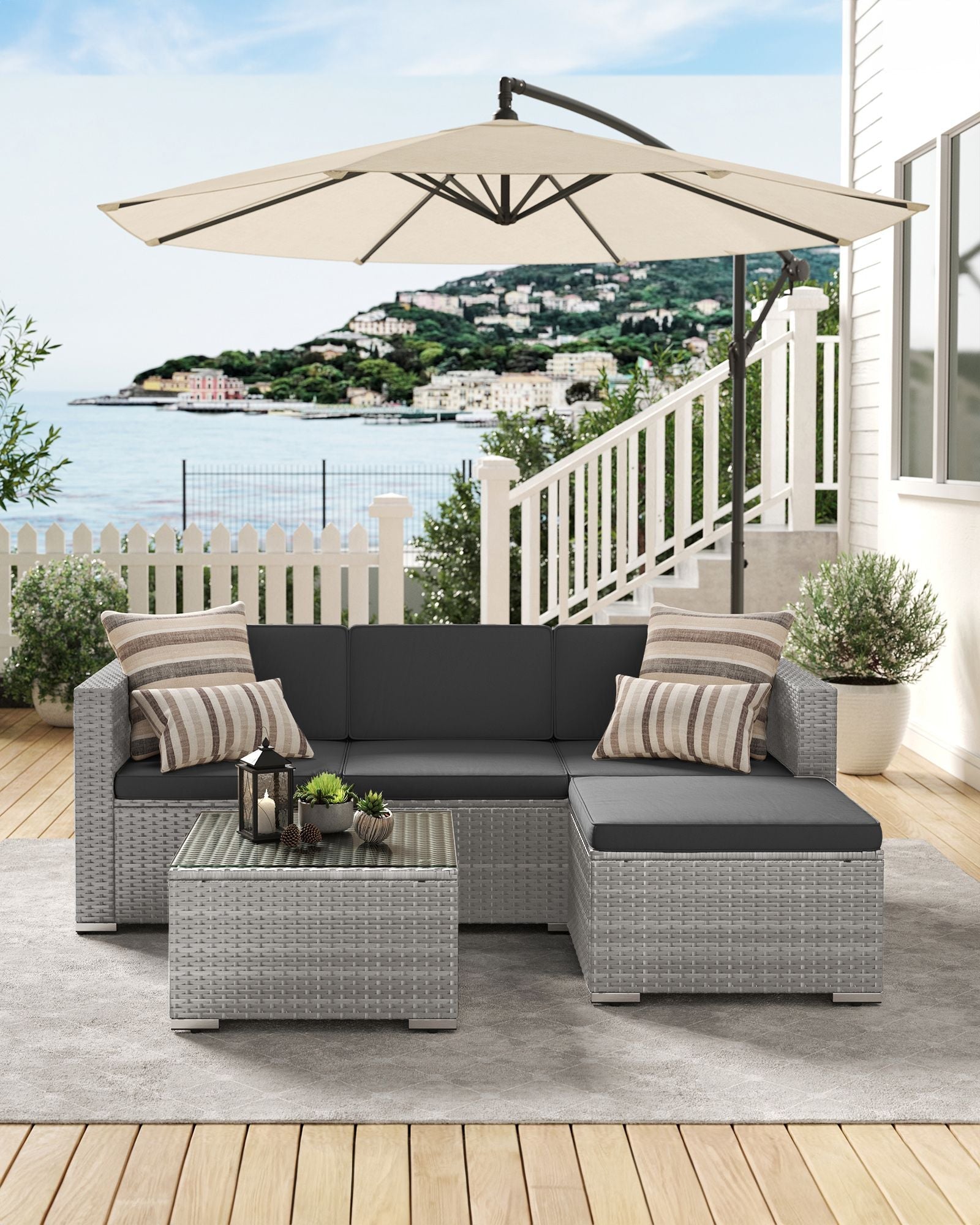 Garden Furniture Set - PE Rattan - Dark Grey - 5-Piece Outdoor Corner Sofa with Cushions and Glass Table