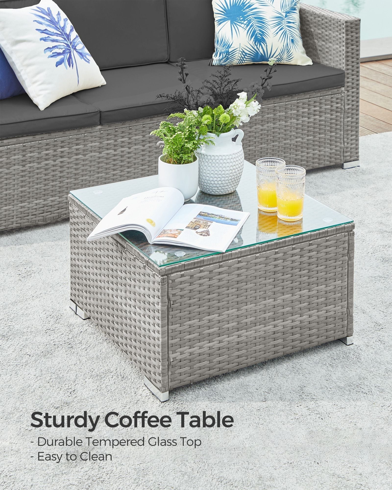 Garden Furniture Set - PE Rattan - Dark Grey - 5-Piece Outdoor Corner Sofa with Cushions and Glass Table