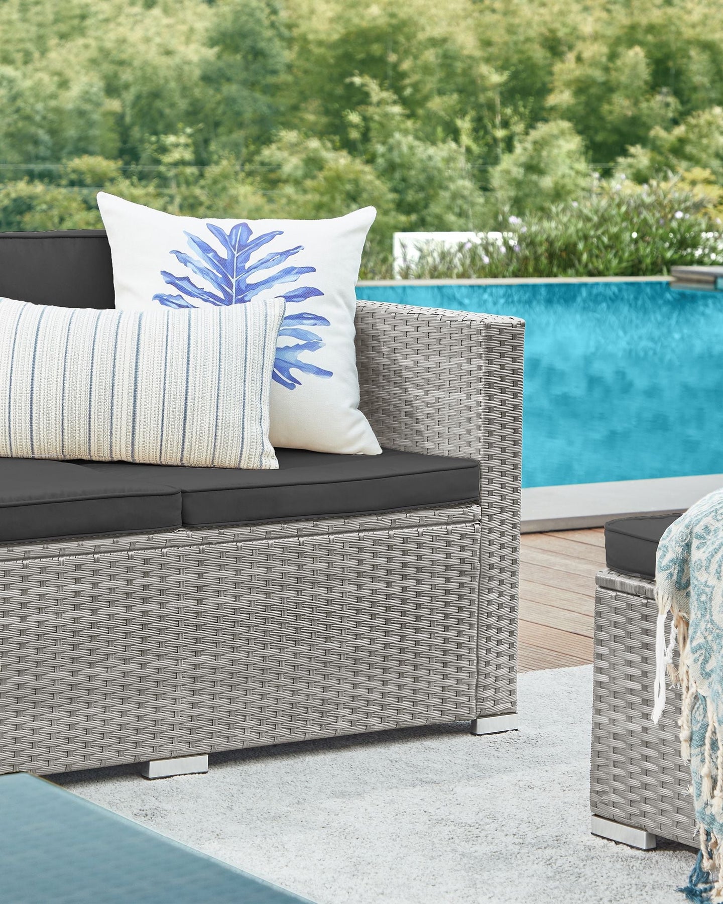 Garden Furniture Set - PE Rattan - Dark Grey - 5-Piece Outdoor Corner Sofa with Cushions and Glass Table