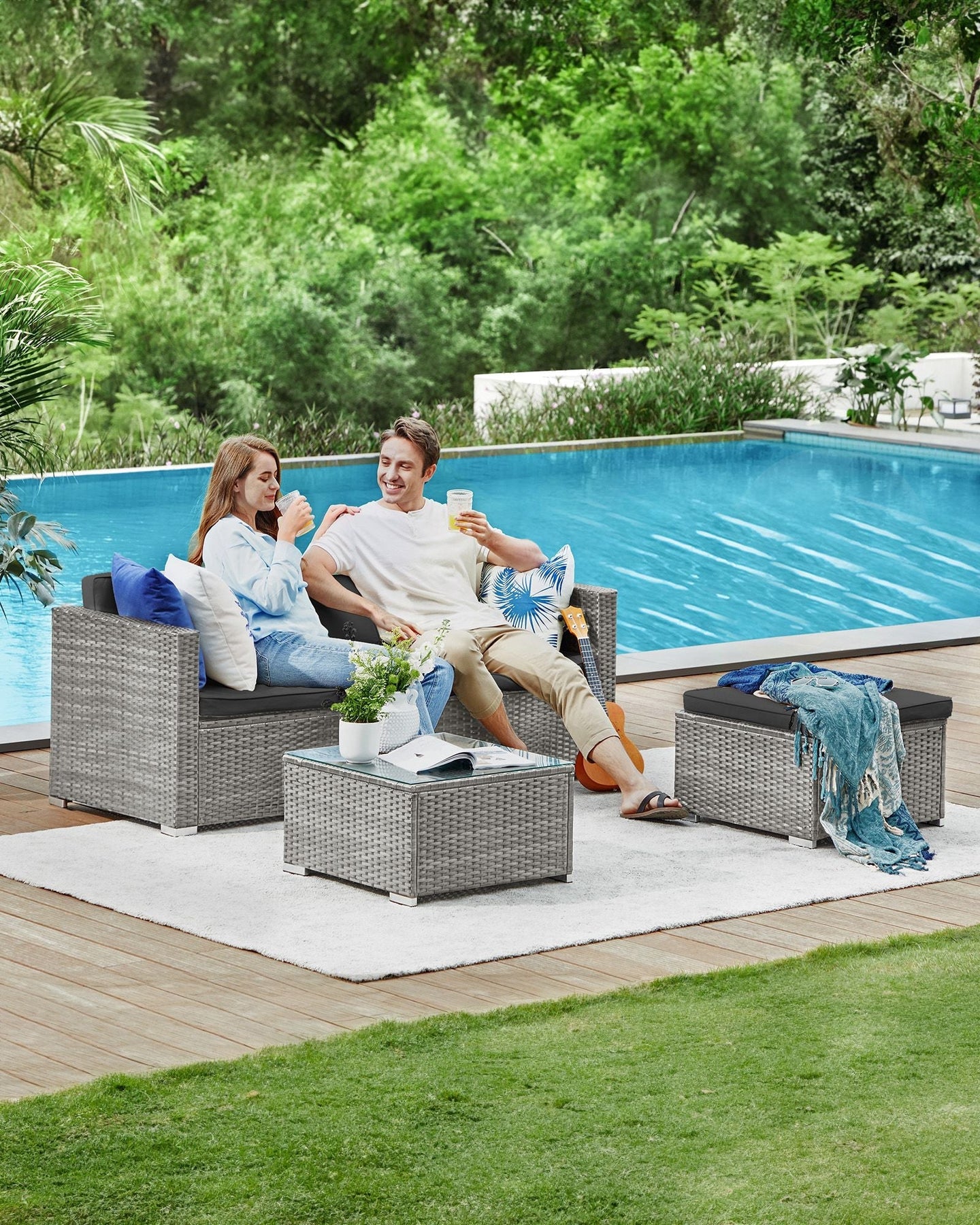 Garden Furniture Set - PE Rattan - Dark Grey - 5-Piece Outdoor Corner Sofa with Cushions and Glass Table