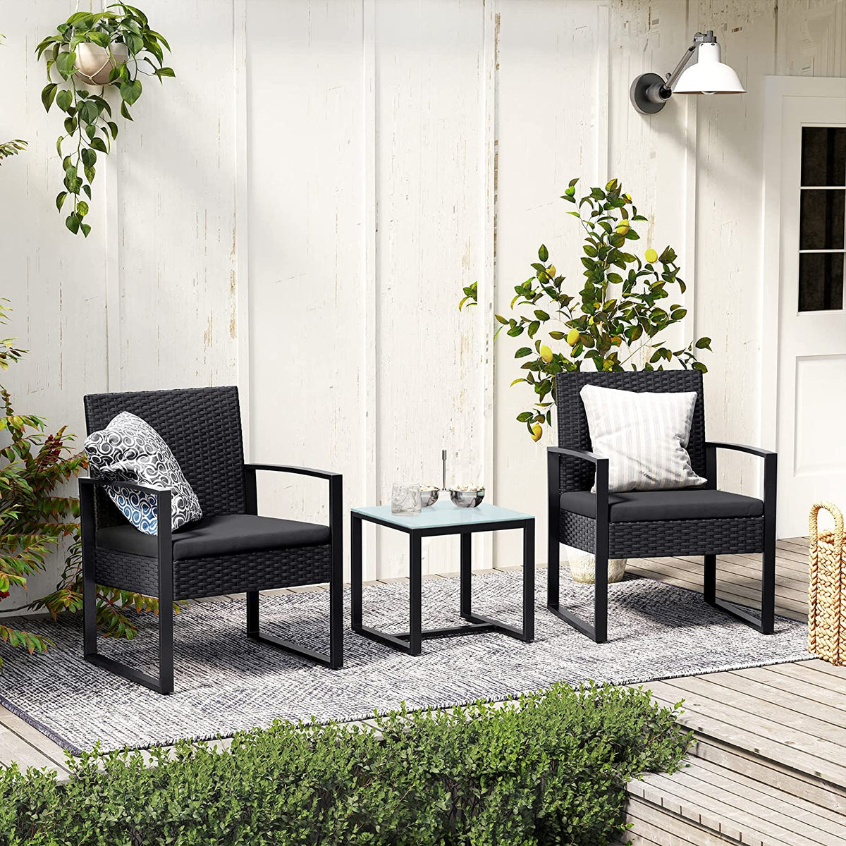 3-Piece Outdoor Furniture Set - PE Rattan - Black - Easy to Assemble