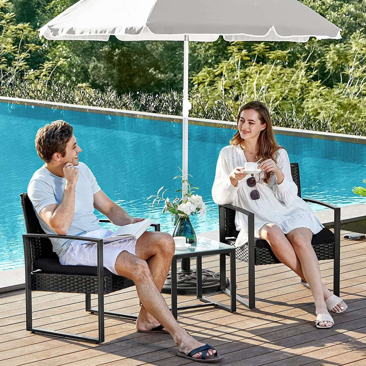 3-Piece Outdoor Furniture Set - PE Rattan - Black - Easy to Assemble