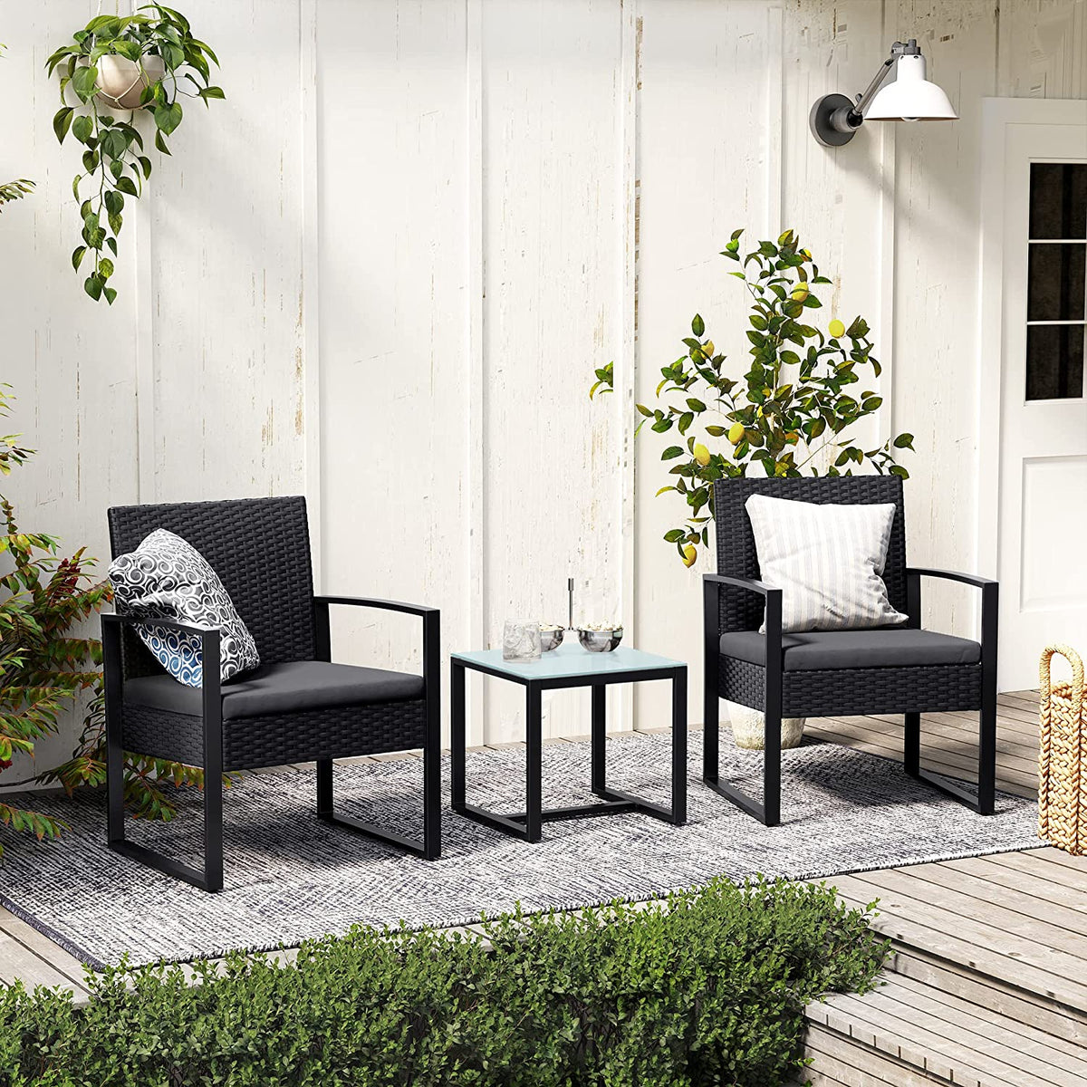 3-Piece Outdoor Patio Furniture Set - PE Rattan - Black - Easy to Assemble