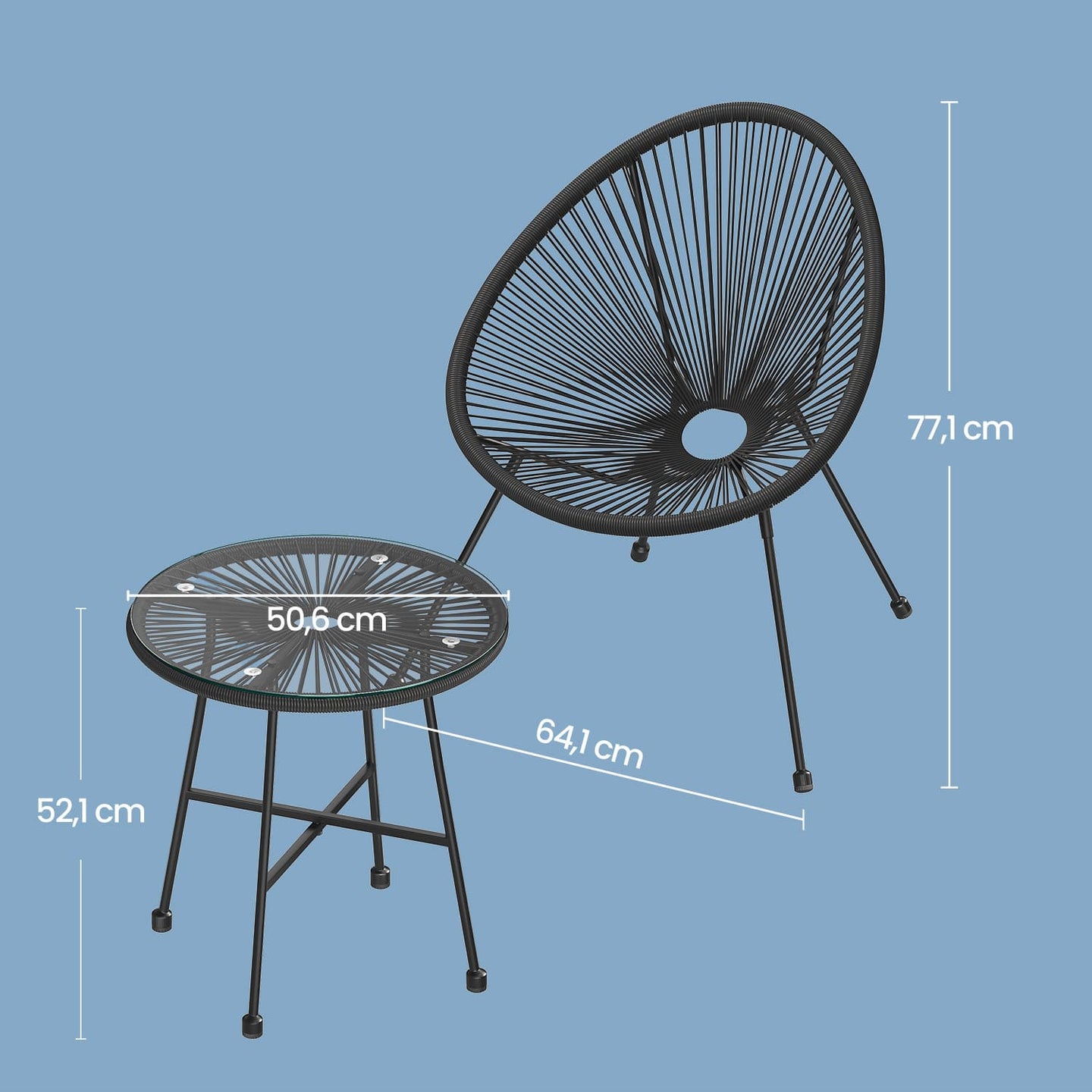 3-Piece Garden Patio Furniture Set - Metal - Black - Acapulco Chair Design