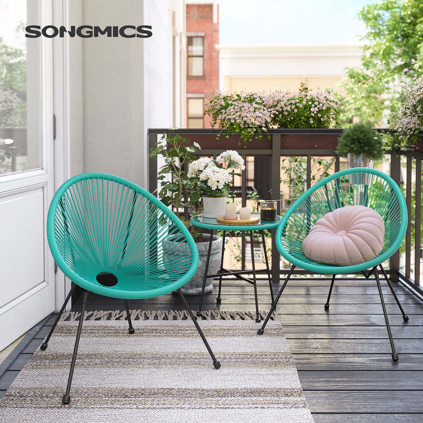 3-Piece Garden Patio Furniture Set - Rattan - White - Includes 2 Acapulco Chairs and Glass Top Table