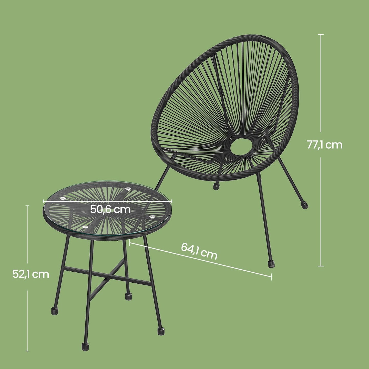 3-Piece Garden Patio Furniture Set - Metal - Black - Acapulco Chair Design