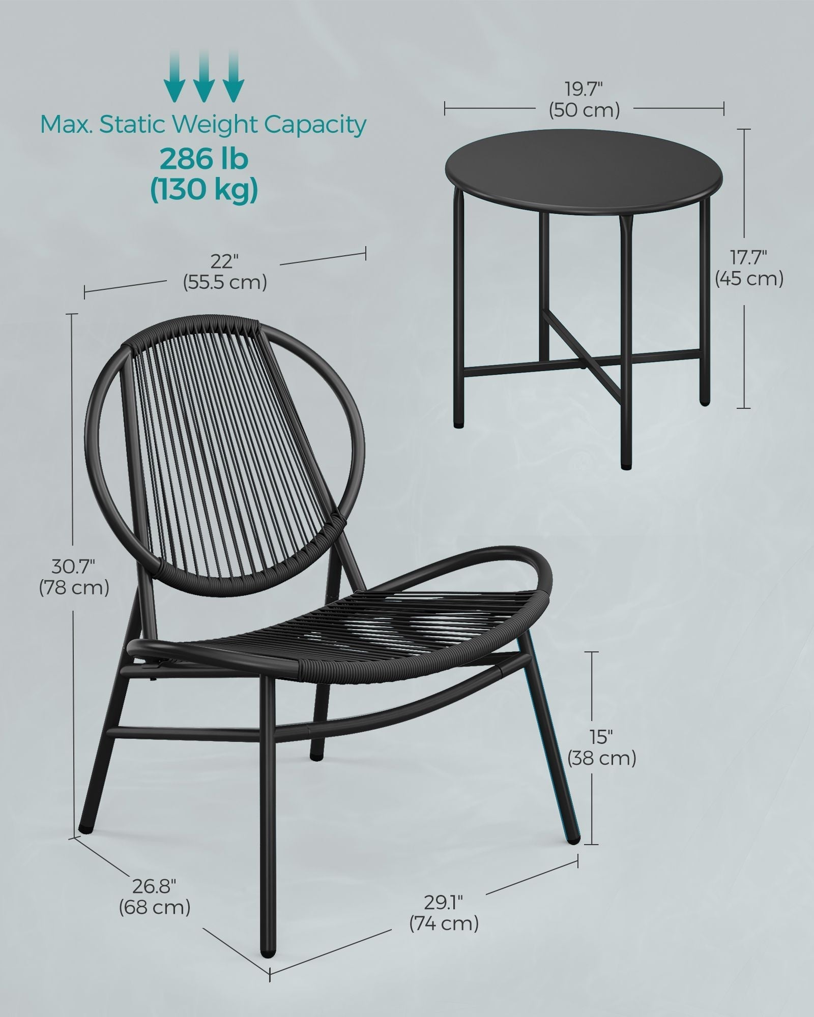 3-Piece Garden Bistro Set - Metal - Ink Black - Acapulco Chairs with Side Table