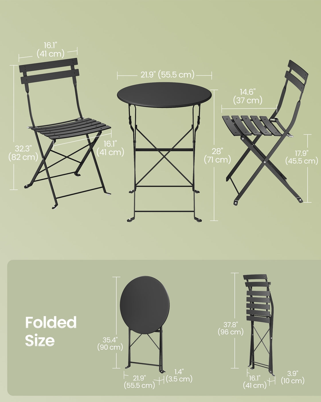 3-Piece Folding Bistro Set - 21.9L - Steel - Weather-Resistant