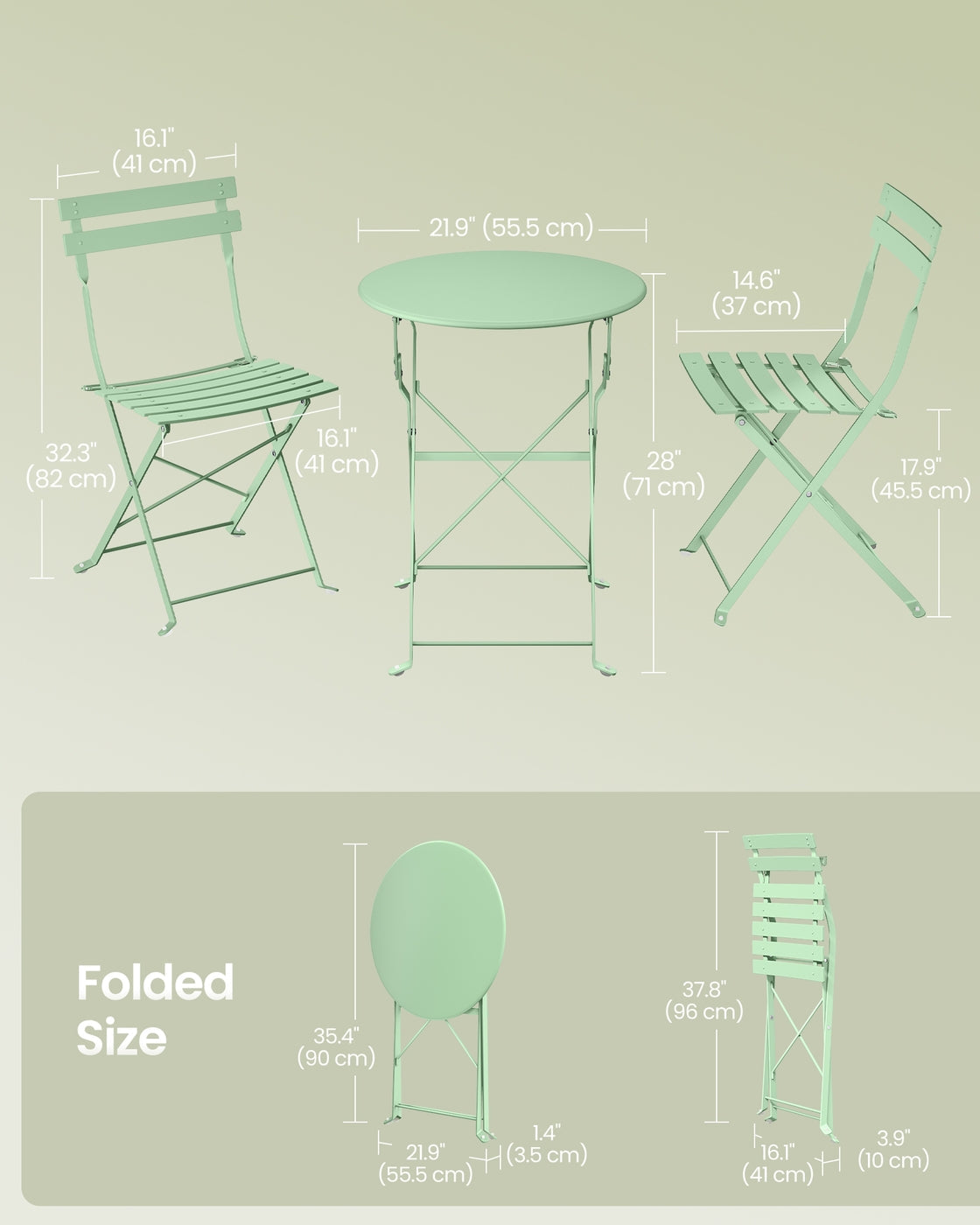 3-Piece Folding Bistro Set - Steel - Table & Chairs