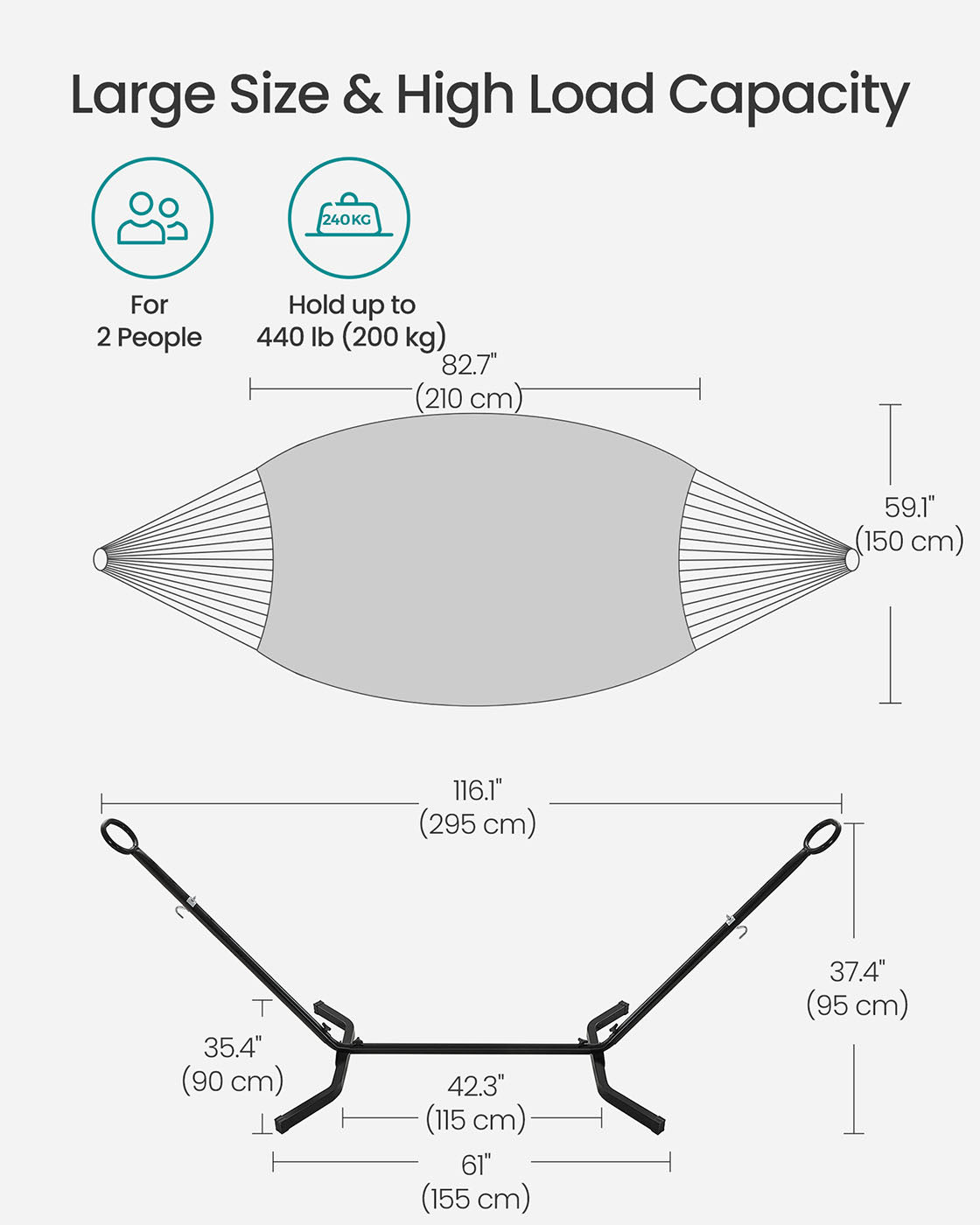 Hammock with Metal Stand - Fabric - Grey - Portable with Adjustable Heights and 240 kg Load Capacity