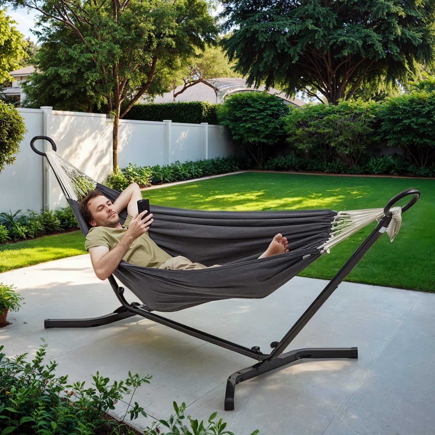 Double Hammock with Stand - 529 lb Load Capacity - Fabric - Black and Beige
