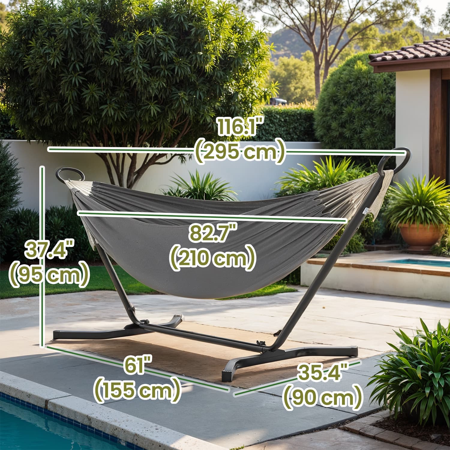 Double Hammock with Stand - 529 lb Load Capacity - Fabric - Black and Beige
