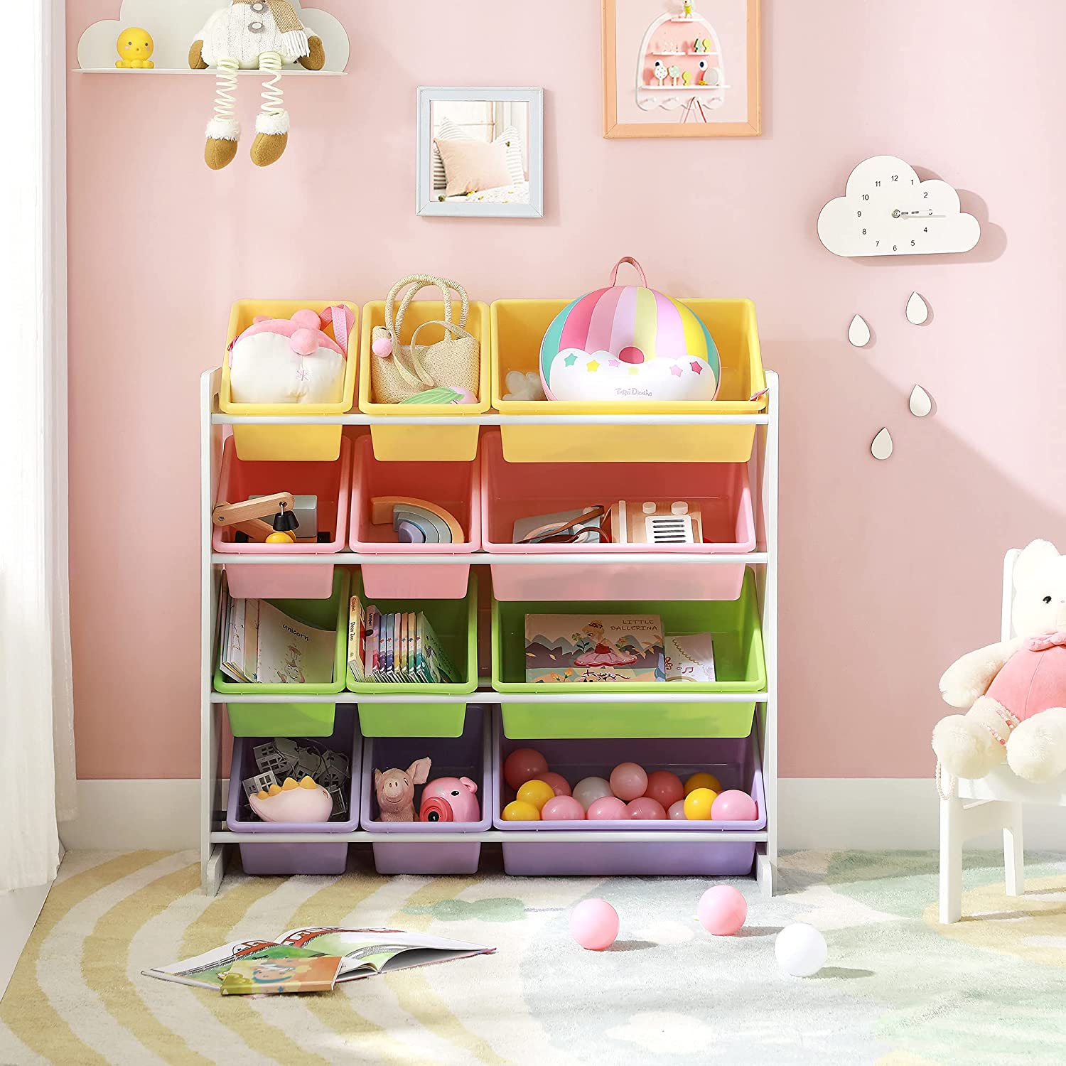 Toy Storage Rack - 12 Removable Bins - PP Plastic - White and Multicolor