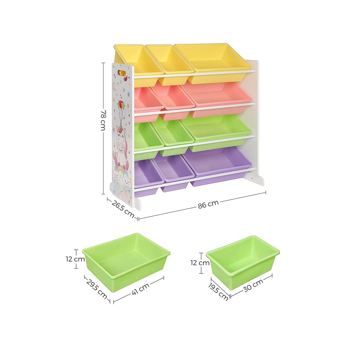 Toy Storage Rack - 12 Removable Bins - PP Plastic - White and Multicolor