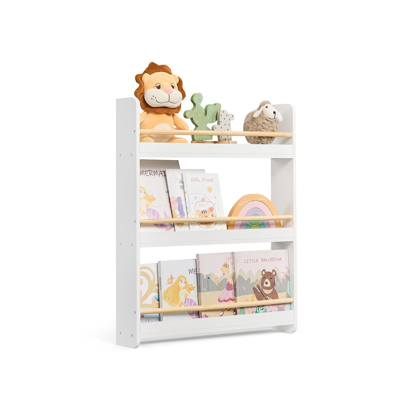 Wall-Mounted 3-Tier Children's Bookcase - Wood - White and Natural - Toy Organizer