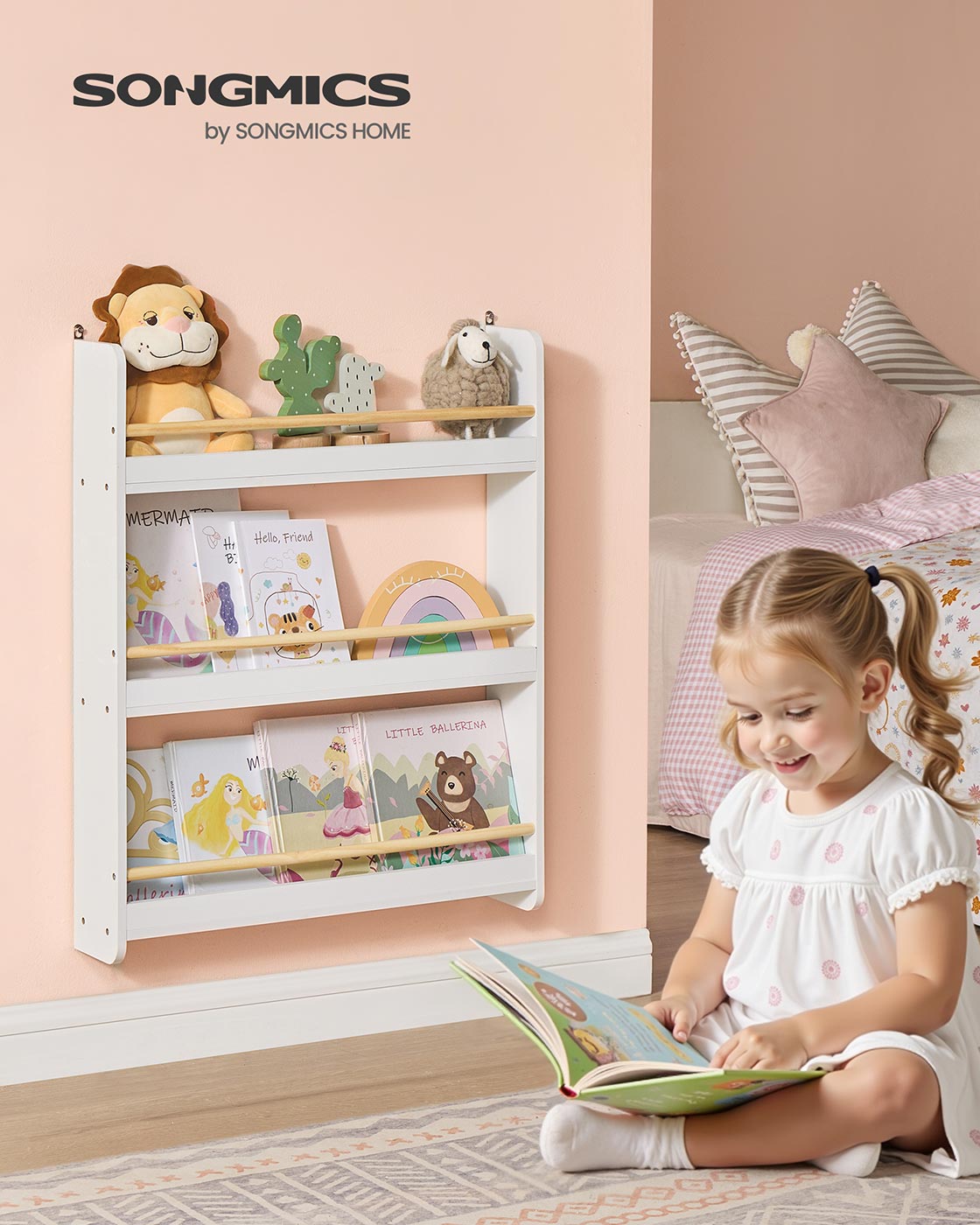 Wall-Mounted 3-Tier Children's Bookcase - Wood - White and Natural - Toy Organizer