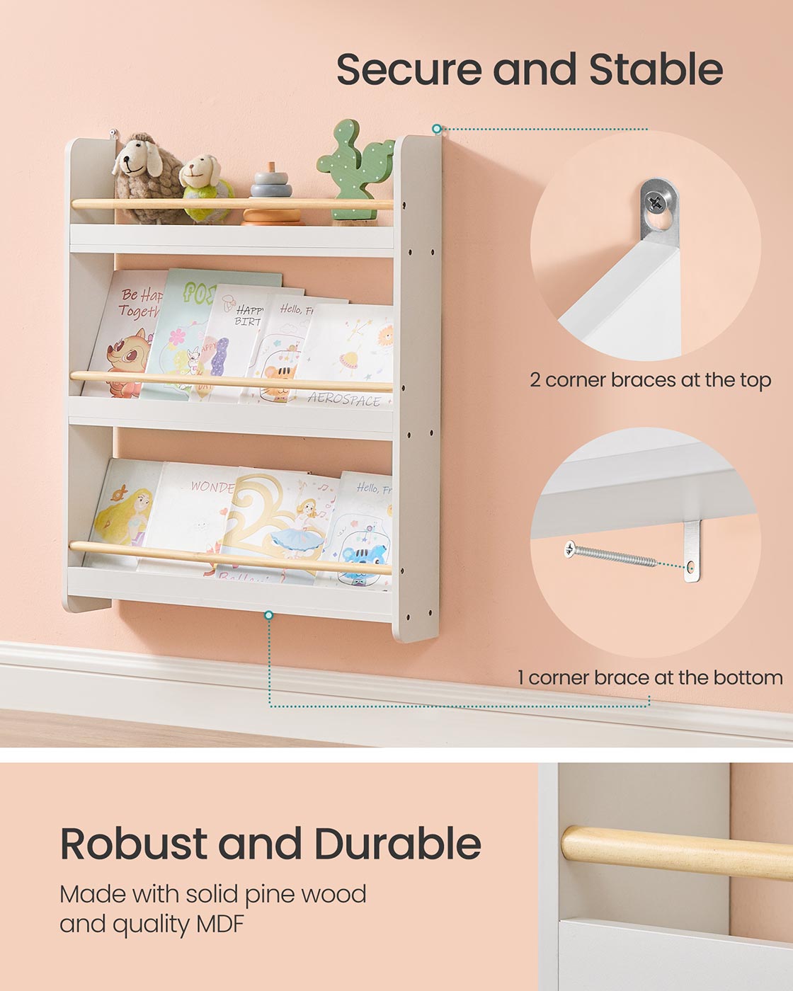 Wall-Mounted 3-Tier Children's Bookcase - Wood - White and Natural - Toy Organizer
