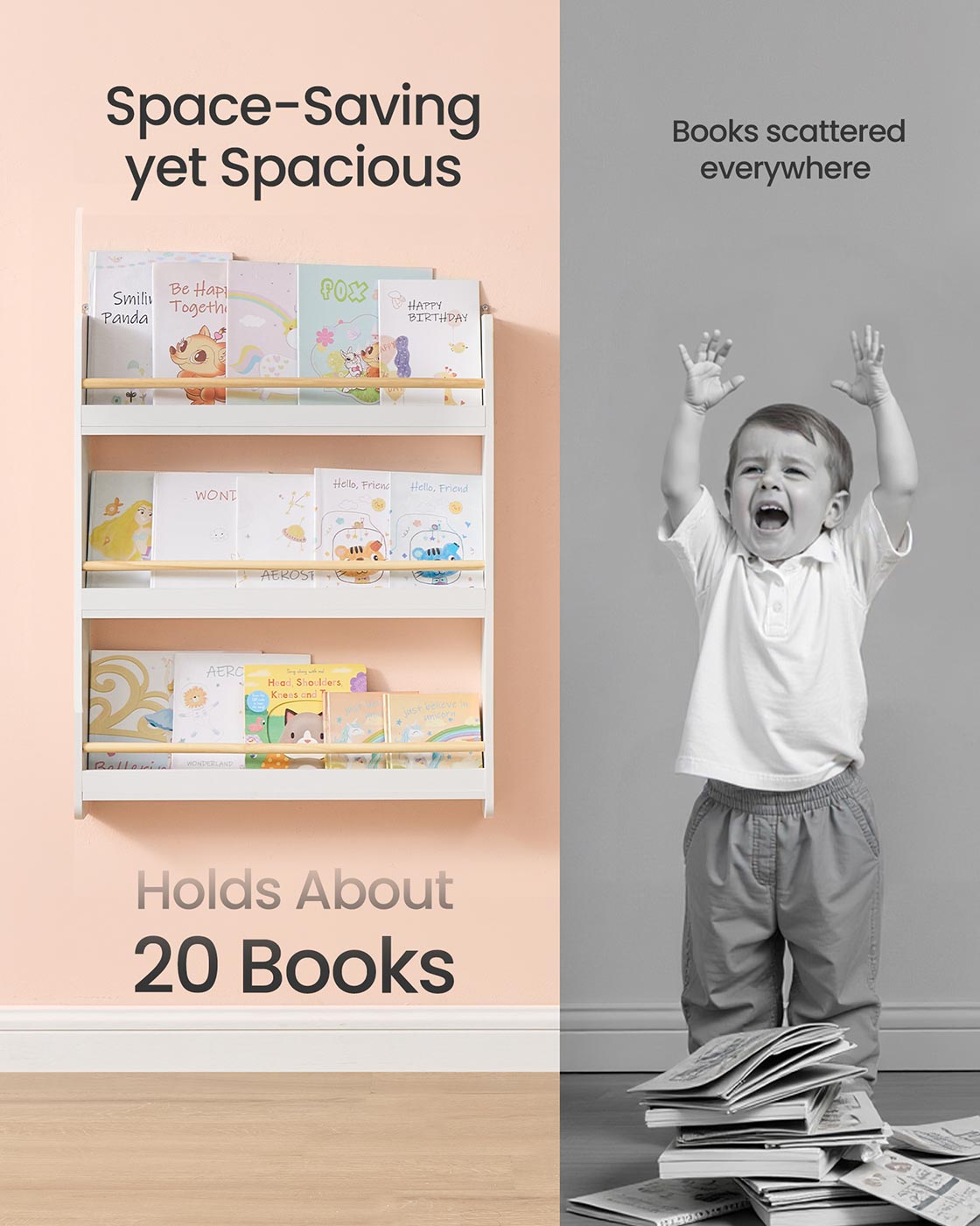 Wall-Mounted 3-Tier Children's Bookcase - Wood - White and Natural - Toy Organizer