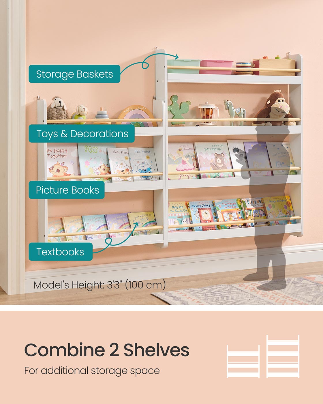 Wall-Mounted 3-Tier Children's Bookcase - Wood - White and Natural - Toy Organizer