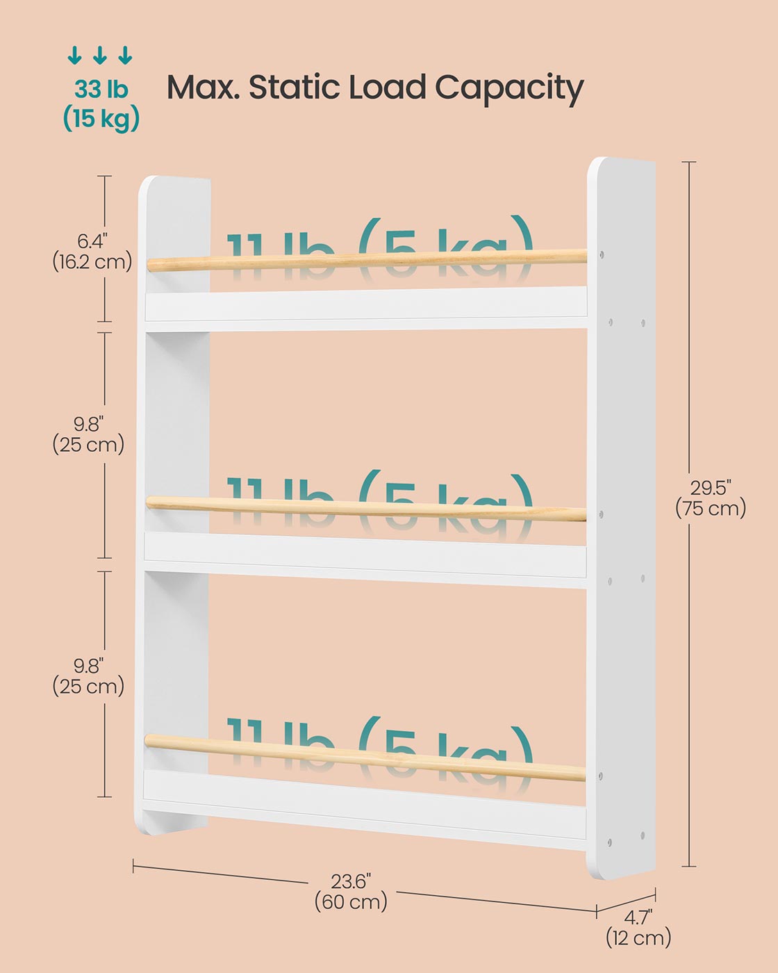 Wall-Mounted 3-Tier Children's Bookcase - Wood - White and Natural - Toy Organizer