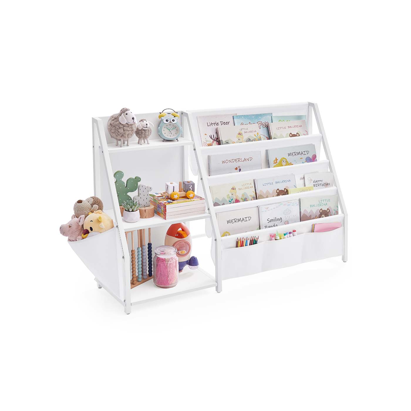 Kids Bookshelf - Engineered Wood - White - Toy Organizer with Side Pocket