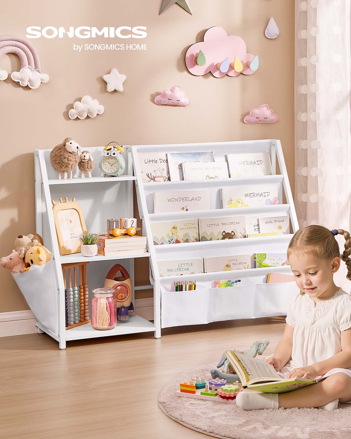 Kids Bookshelf - Engineered Wood - White - Toy Organizer with Side Pocket
