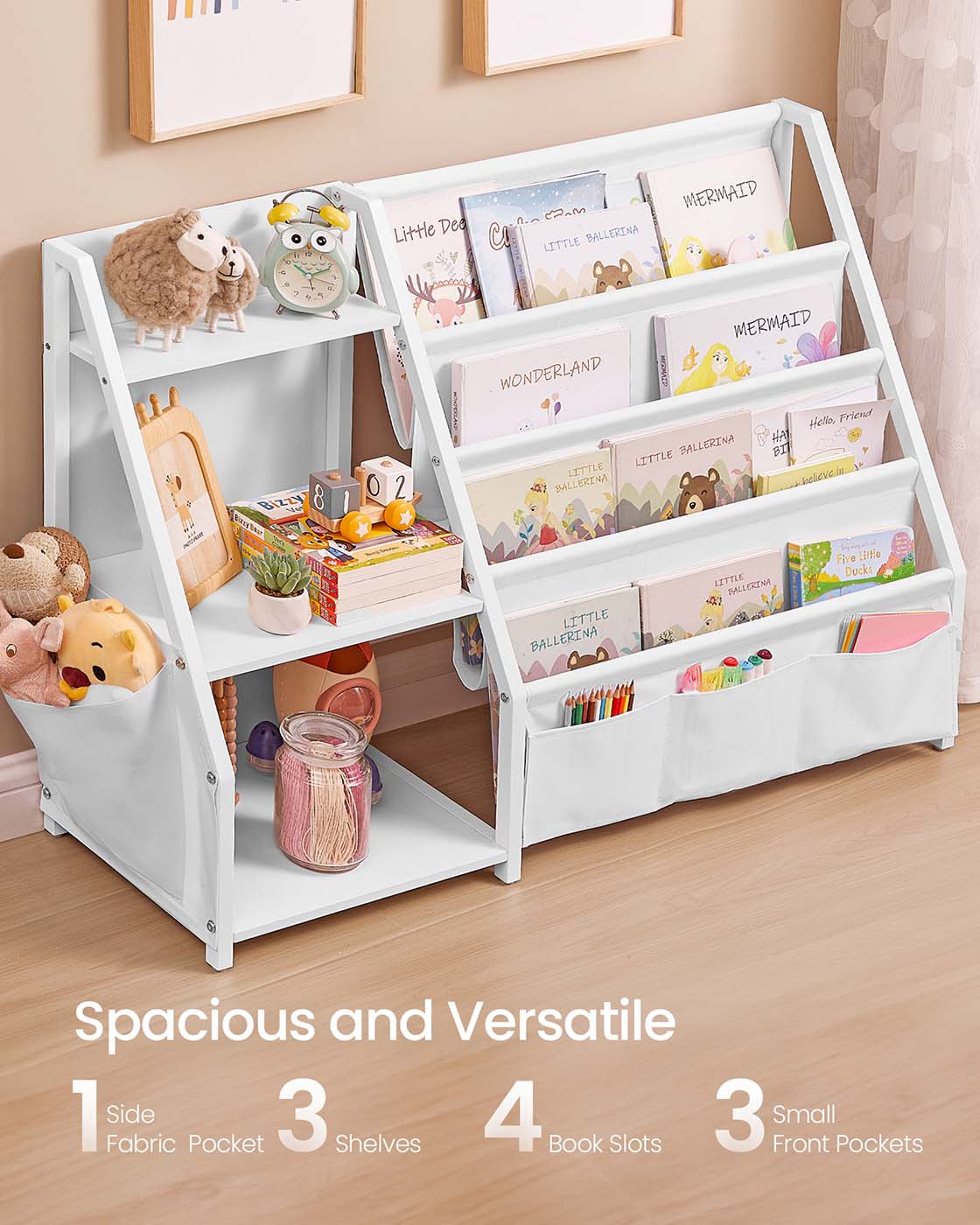 Kids Bookshelf - Engineered Wood - White - Toy Organizer with Side Pocket
