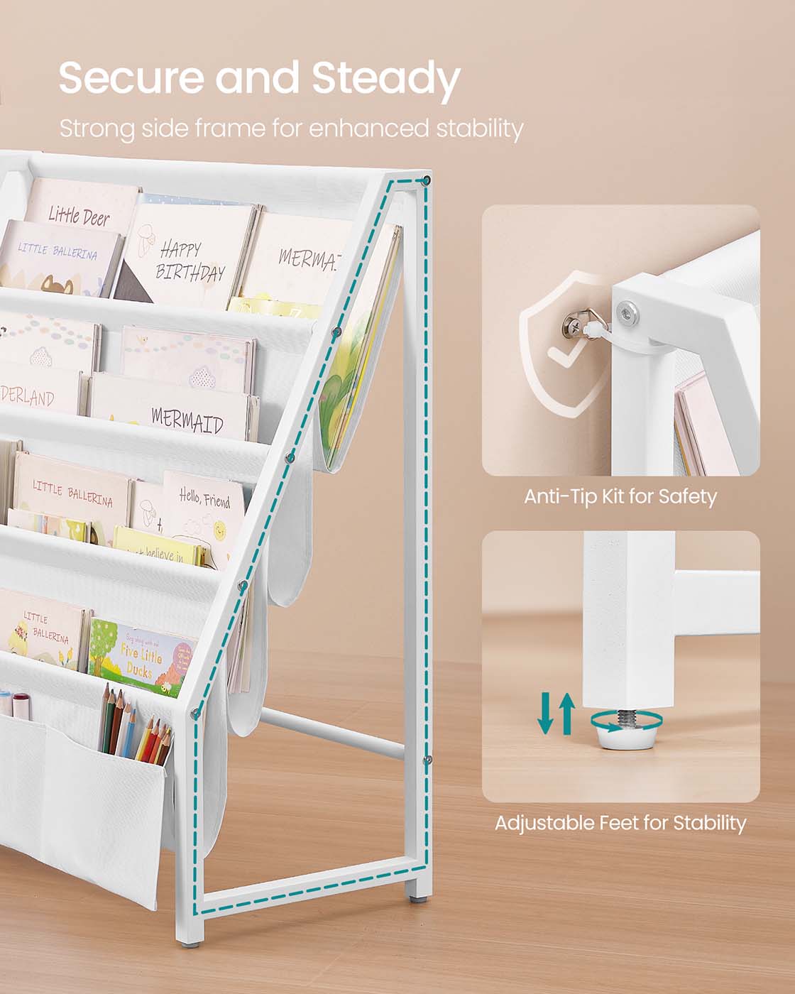 Kids Bookshelf - Engineered Wood - White - Toy Organizer with Side Pocket